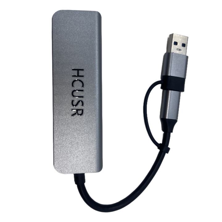 Хъб USB 4-портов, HCUSR, 5Gbps, 3 порта USB 2.0, сребристо сив