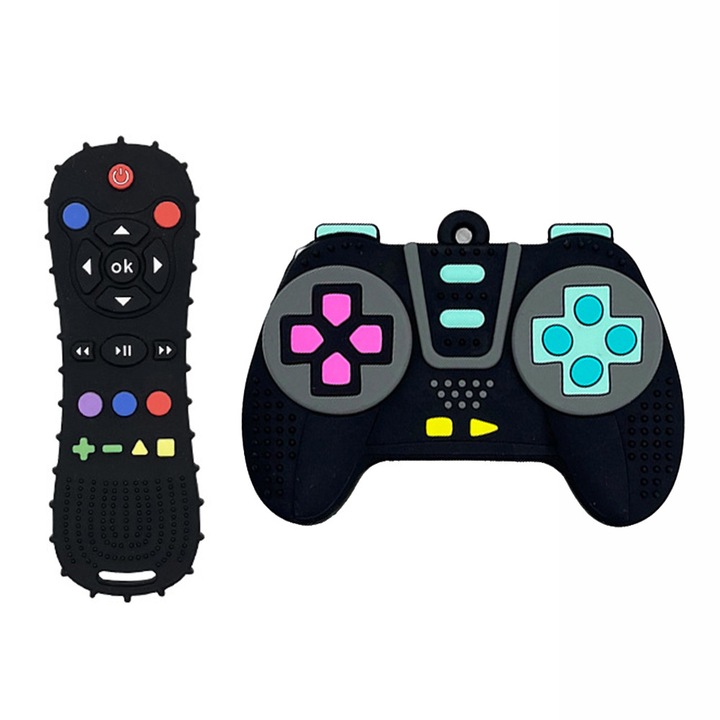 Fogzási játék szett, 3+ hónapos kortól, TV távirányító és játékkonzol alakú, biztonságos szilikon, 2 darab, fekete