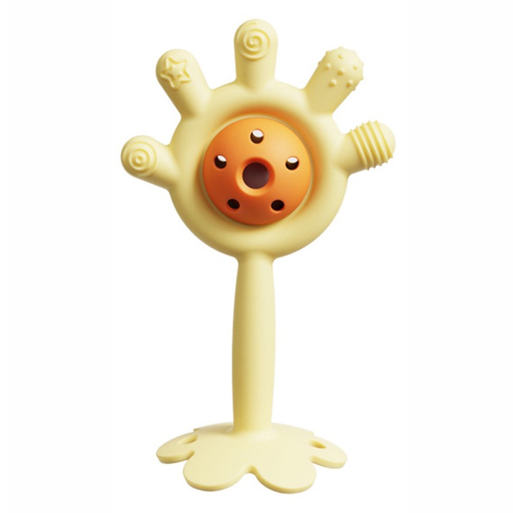 Fogzási játék, 2 az 1-ben, csörgővel, élelmiszeripari szilikon, sárga, 7.6x5.2x12.4cm