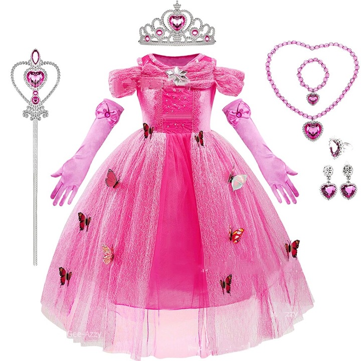 Costum de Cosplay Fete, Rochie Printesa Fuchsia, Detalii Dantela, 130 cm, Set cu 6 Accesorii