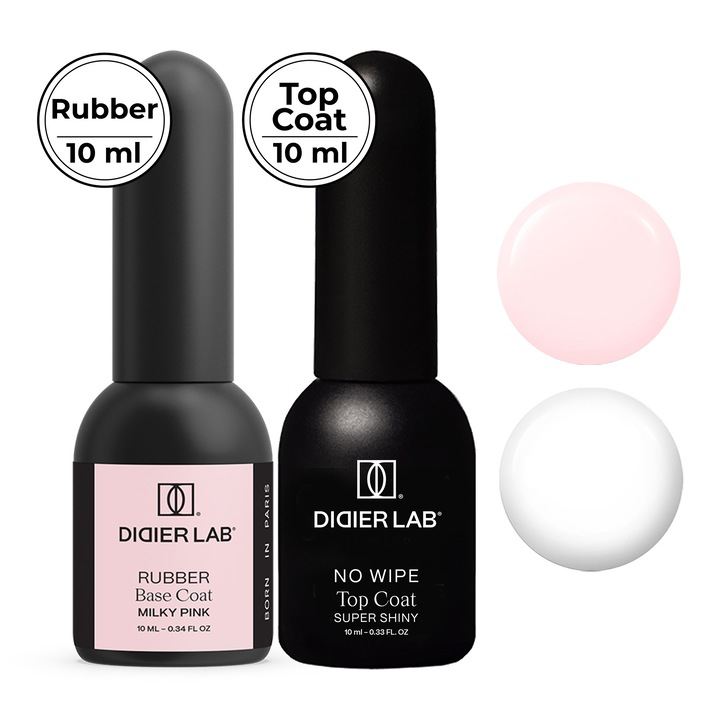 Kit Baza Cauciuc Camouflage Didier Lab, Milky Pink, 10ml + Top Coat No Wipe, Super Lucios, 10 ml