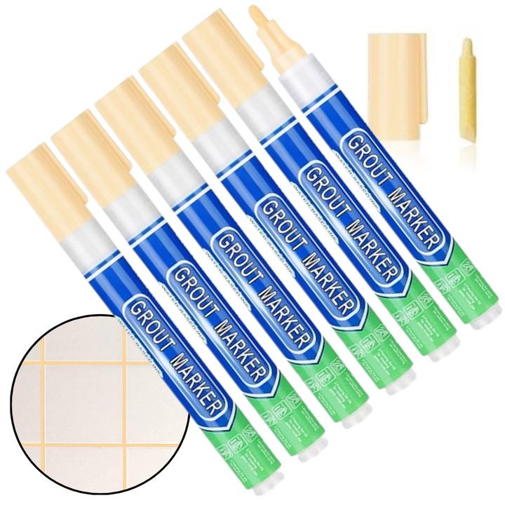 Set 6 Markere TrioStore® Corectoare Permanente Pentru Rosturi, Marker Permanent Pentru Rosturi Gresie Si Faianta, Marker Corector Rosturi Cu Pasta Densa, Marker Corector Gresie Cu Uscare Rapida, Marker Faianta Crem Cu Cap De Rezerva Pentru Reimprospatare