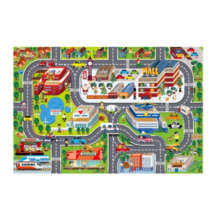 Covor joc pentru copii, 100x200 cm - Mata educationala oras trafic rutier, ideala pentru masinute si jucarii, sigura pentru camera si dormitor-Multicolor