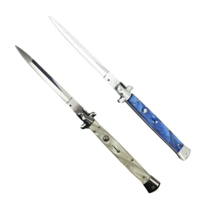 Set doua bricege automat stiletto, Italian Blade, otel inoxidabil, husa inclusa, argintiu si albastru, 33 cm