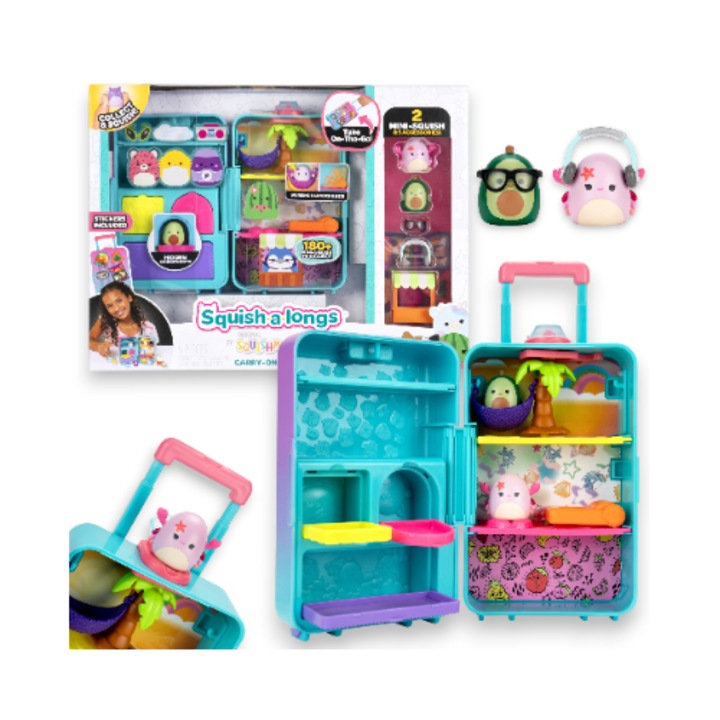 Set de joaca cu valiza, figurine Mini-Squish, 2,5 cm, avocado Austin, crab roz Cailey, 3 accesorii, 2 elemente, 1 foaie de stickere