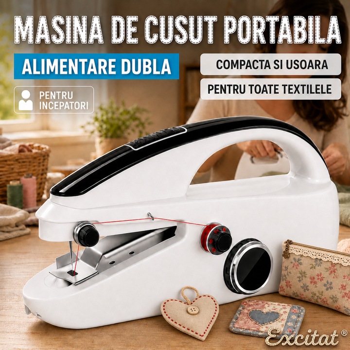 Masina de cusut portabila, Excitat® Repara haine, Doua moduri de functionare a sursei de alimentare, Usor de Folosit, Compatibila Cu Multe Tipuri de Materiale Textile, ABS, Pentru incepatori si profesionisti, Alb