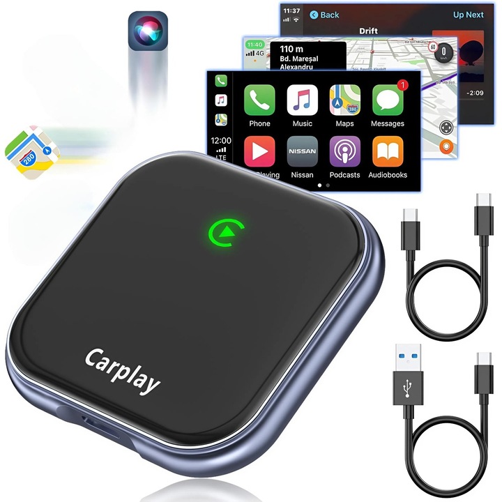 Adaptor CarPlay si Android Auto Wireless Vetalux, Conectare Plug & Play, Wi-Fi Dual-Band 5.3GHz+5GHz, Bluetooth 5.3, Streaming Muzica, Navigatie, Control Vocal Siri/Google, USB & Type-C, Compatibil IOS 10+ si Android 11+