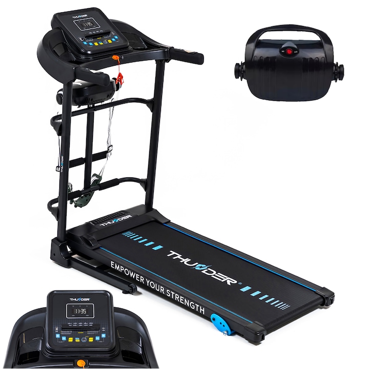 Електрическа бягаща пътека, Thunder, G8000-D, 2 HP, Bluetooth, Fitshow/Kinomap/Zwift, макс. скорост 12,8 км/ч, макс. поддръжка 110 кг, 12 предварително зададени програми, 3 степени на наклон, сгъваем, Транспортни колела, Магнитен ключ за безопасност
