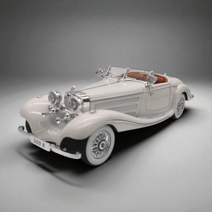 Fém autómodell Mercedes-Benz 500 K Roadster, Fehér, 1:24 méretarány, Hátrahúzós motor, Nyitható ajtók, motorháztető és csomagtartó, Fényszórók és hátsó lámpák, Hangok