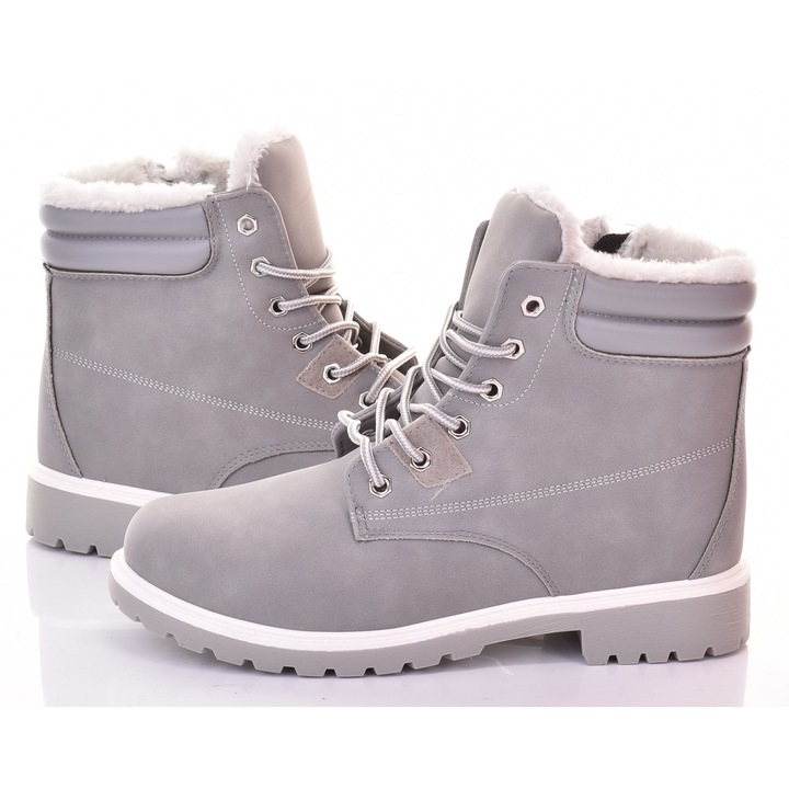 Ghete dama Martinus, trappers cu blana, gri, piele ecologica, stil urban