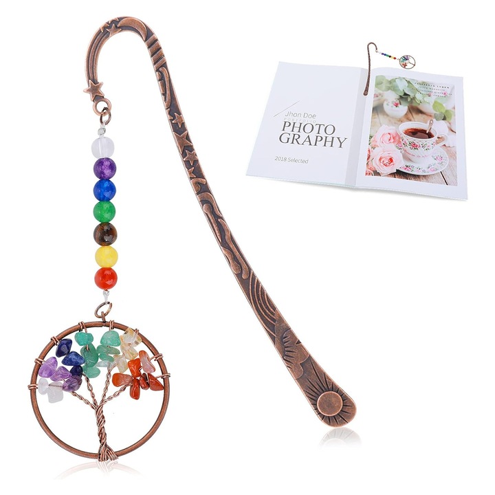 Semn de carte metalic, Axroad Mall, Pandantiv Arborele Vietii, 7 cristale, multicolor, 12.2x8.2cm