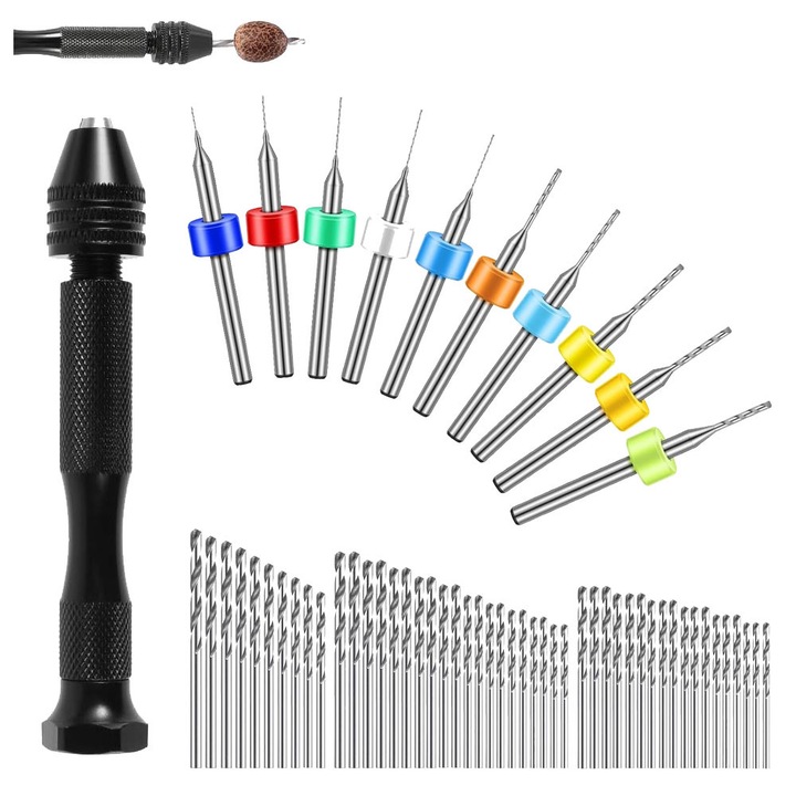 Set de 59 de burghie manuale, Tioialz®, include 49 de menghine cu stift metalic, burghiu manual micro-mini cu spirala si 10 scule rotative PCB din carbura de tungsten pentru rasina, polimer, lemn, mestesuguri, sculptura, bijuterii DIY