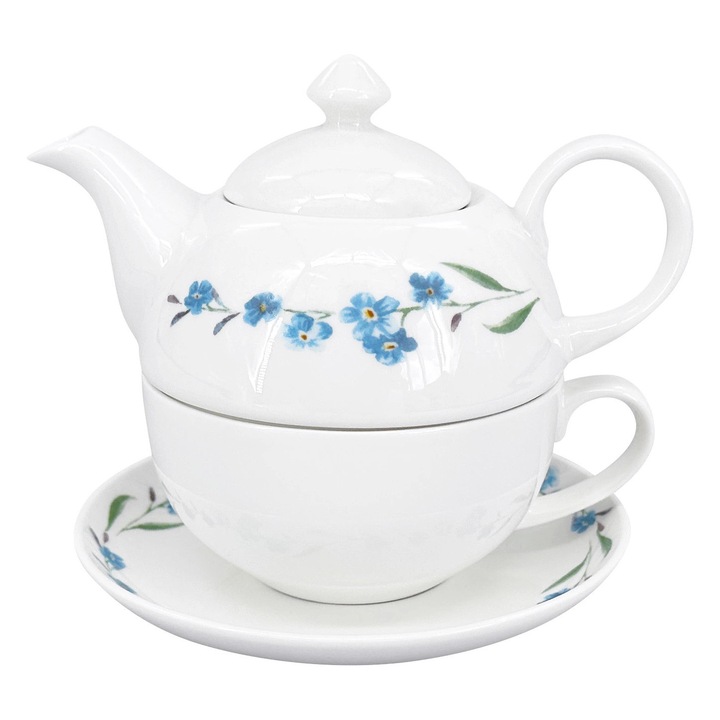 Set de ceai, by inspire, ceainic 400ml, ceasca 250ml, farfurie, alb/albastru