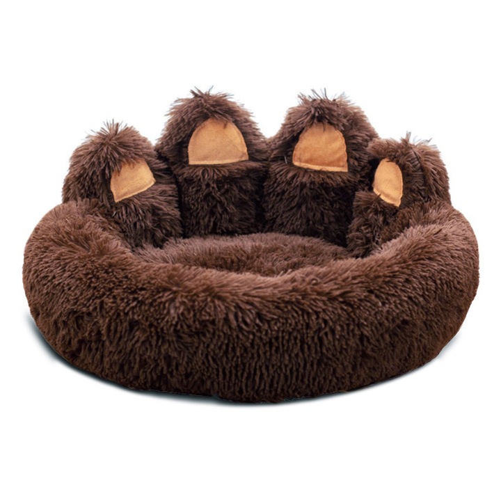 Culcus pentru caini si pisici MUGIM, Forma de Laba de Urs, Material cu Blana lunga, Foarte moale si Confortabil, 60x60cm, Maro inchis