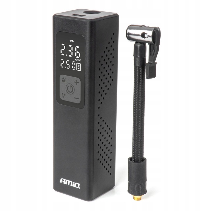 Compresor auto, Amio, 12V, 100W, 20 l/min, afisaj LED, lanterna LED, negru, 4 adaptoare, material plastic, presiune maxima 10 bar, alimentare de la priza brichetei, furtun flexibil 16 cm, cablu alimentare 3 m