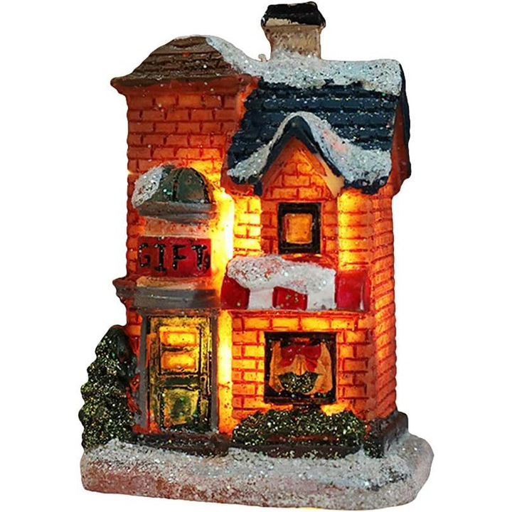Karácsonyi figurák és dekorációk miniatűr falu meleg fehér LED fénnyel 15x10x12cm