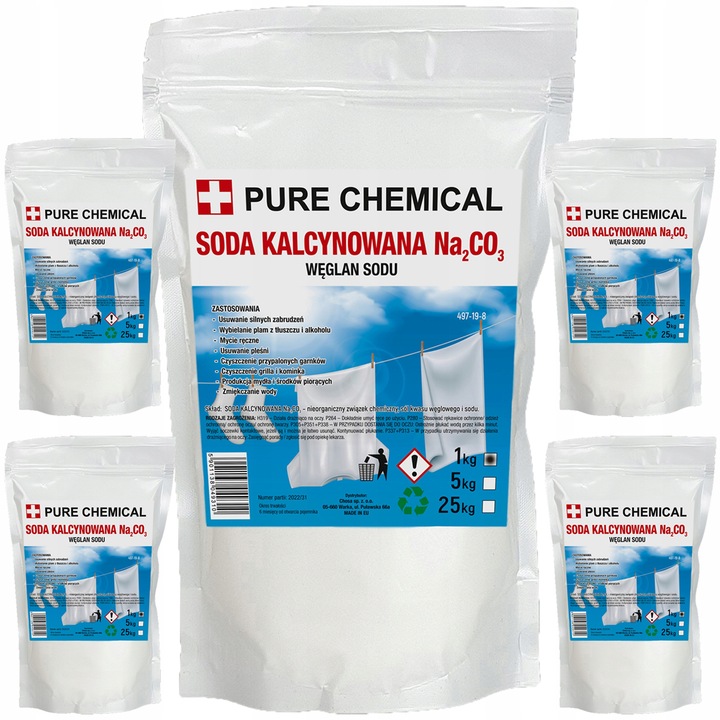 Égetett szóda szett, Chosa, Tiszta vegyszer, 5 kg, Csomósodásgátló szerek nélkül, Adalékanyagok nélkül, Fehér kristályos por alakban, CAS-szám 497-19-8, Környezetbarát, Fehér, 5 db 1 kg-os csomagolás