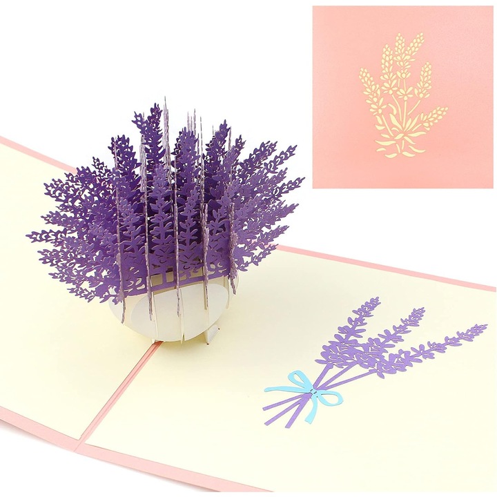 Felicitare 3D OEM lavanda, design patrat, rosu deschis-bej, 15x15cm