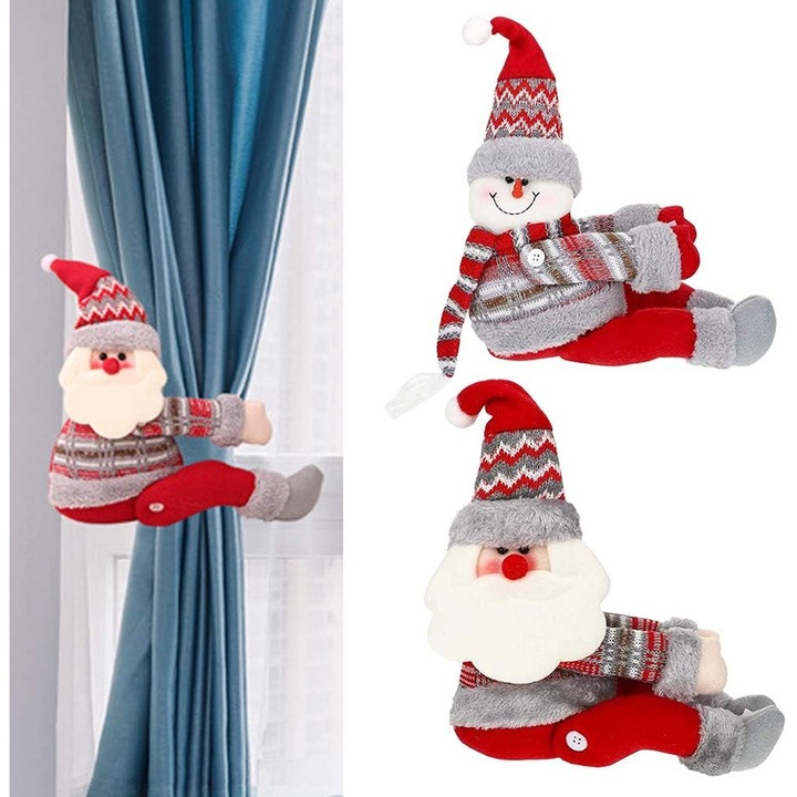 Agatatoare pentru draperii de Craciun ZYBLSSBB LSM2XH15705-ZYY-2342, set 2 figuri 3D (Mos Craciun/Om de zapada) din material textil, rosu/alb, 46 x 14 cm
