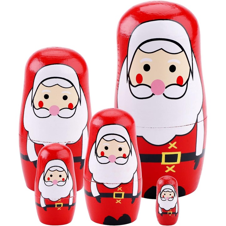 Set 5 papusi matrioska lemn Mos Craciun, 11cm, multicolor