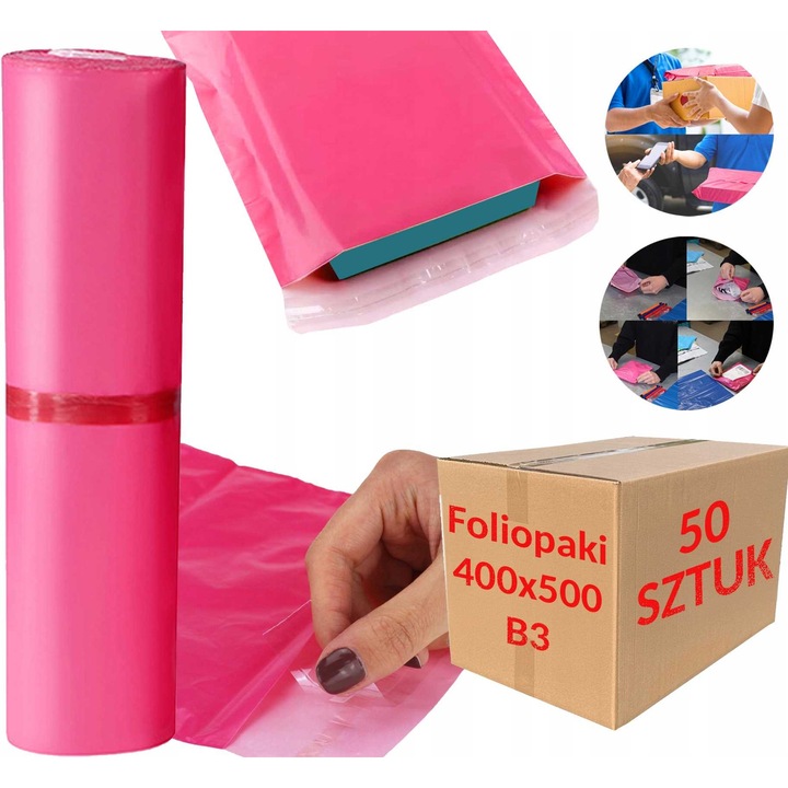 Plicuri PAKO set 50 buc, roz, 400x500mm, grosime 55 microni, autoadezive