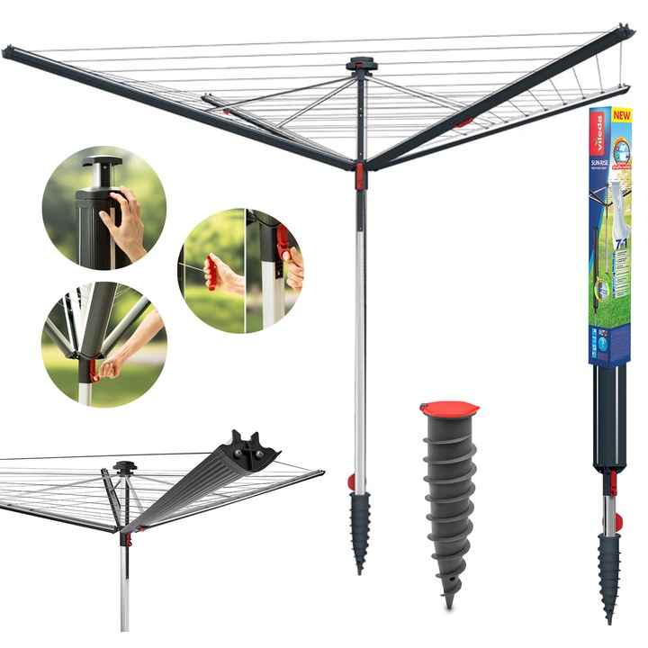 Vileda Sun-Rise PREMIUM 50 forgó ruhaszárító, 4 karos, 50m, állítható magasság 168-182cm, rozsdamentes alumínium