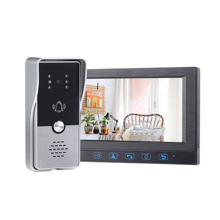 Vizor inteligent, Rqiurpn, ecran tactil de 7 inci, camera sonerie 1080P HD, Pentru apartamente si vile, camera impermeabila cu vedere pe timp de noapte, gri