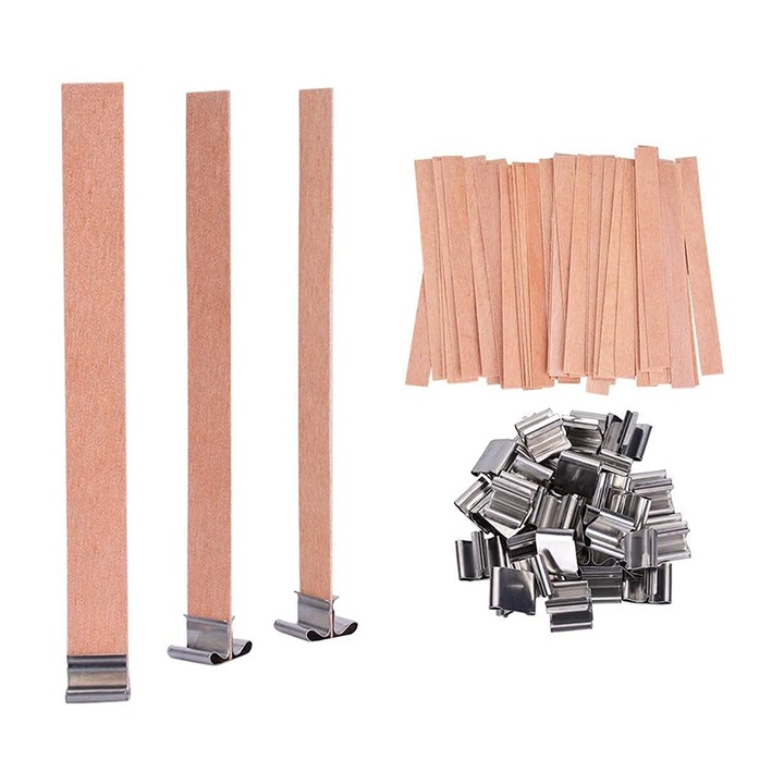 Set 100 fitil lumanari, Rqiurpn, lemn,, 13mm/15mm/19mm, trei dimensiuni diferite, cu baza metalica, maro/argintiu