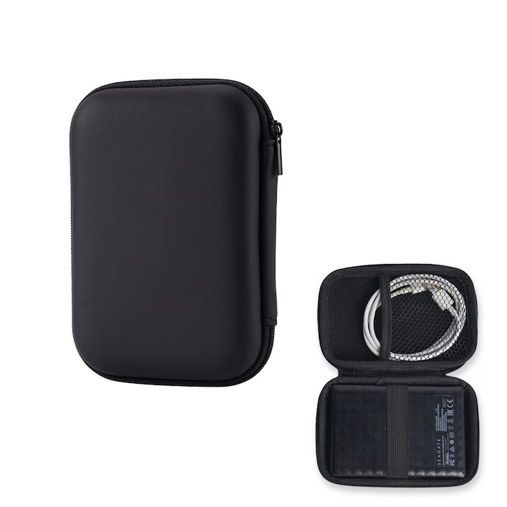 Husa transport hard disk, 2.5'', compatibila cu HDD/SSD, Rezistent la apa si rezistent la socuri, Usor de utilizat si de transportat, EVA, Negru