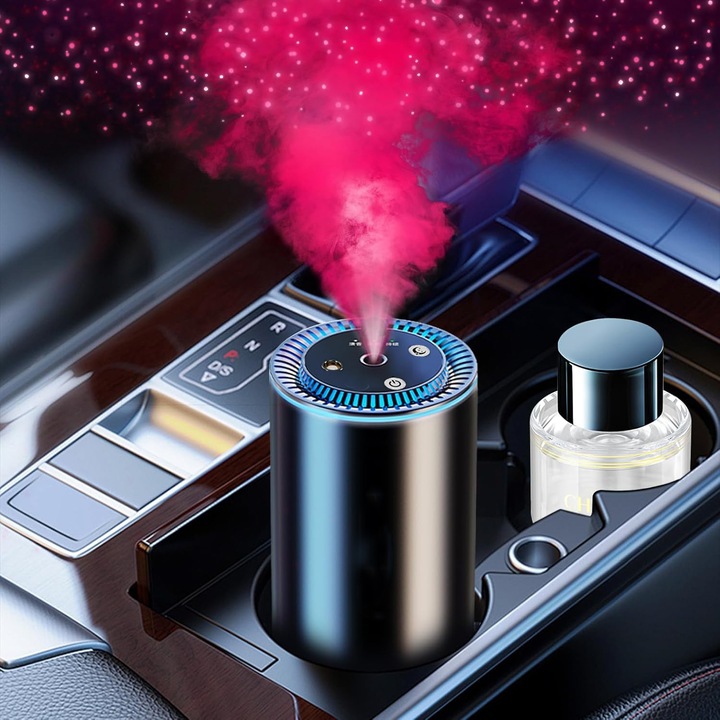 Aparat odorizant auto profesional, 50ml, reincarcabil USB, lumini ambientale, proiectie stele plafon, parfum inclus, Negru