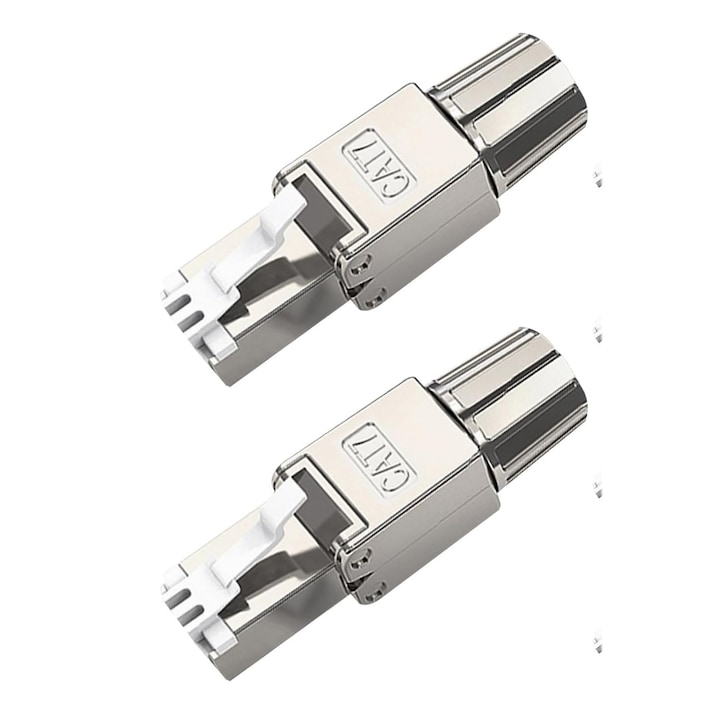 Set 2 conectori Cat.7 Rj45 ecranat, conector Tool-Less, Modular, Autosertizare, Argintiu