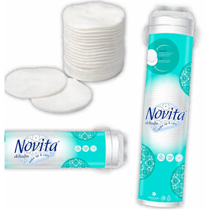 Козметични дискове, NOVITA, 120 броя, 100% памук, бял