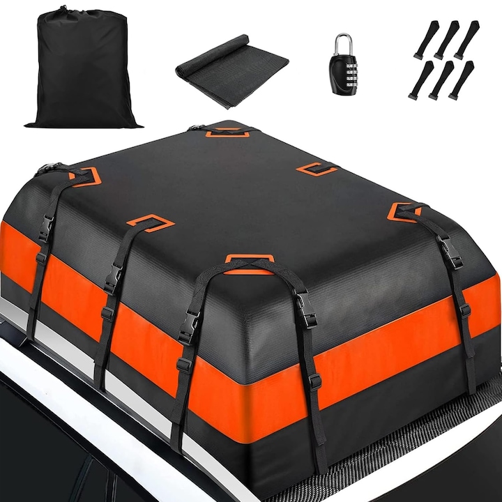 Portbagaj auto plafon, JFYU, Portbagaj de acoperis tip geanta, Cu benzi reflectorizante de siguranta, Impermeabil, Pliabil, Incuietoare pentru bagaje, portabil, Pentru orice dimensiune de masina sau SUV, PVC, 130 x 100 x 48cm, Negru/Portocaliu