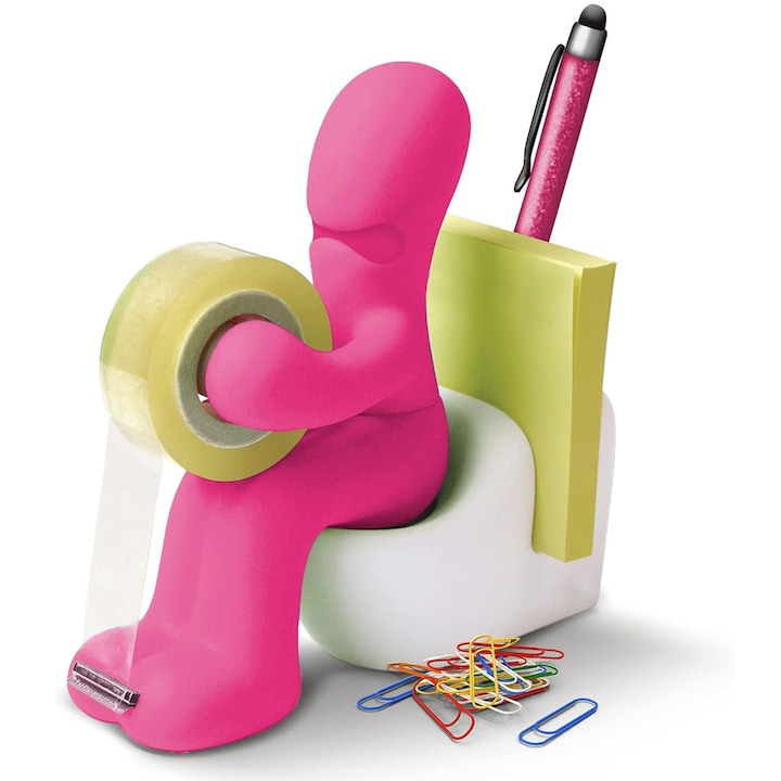 Dispenser banda adeziva, Axroad Mall, Banda adeziva cu dispenser, Dispenser cu banda adeziva tip scotch Office, Cu 10 agrafe birou colorate, Creativitate, Rezistent, Lama metalica incorporata, Latime maxima banda 16mm, PVC+ABS, 150*60*140mm, Roz