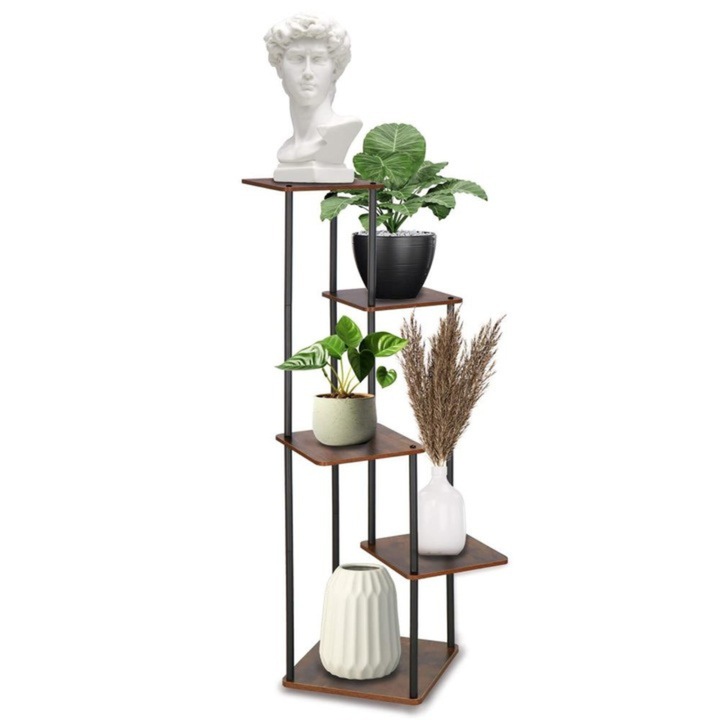 Suport vertical pentru flori si plante VarioShop®, 5 niveluri stil loft industrial, cadru metalic negru cu rafturi MDF culoare lemn, stabil si rezistent, capacitate 75 kg, pentru interior sau balcon