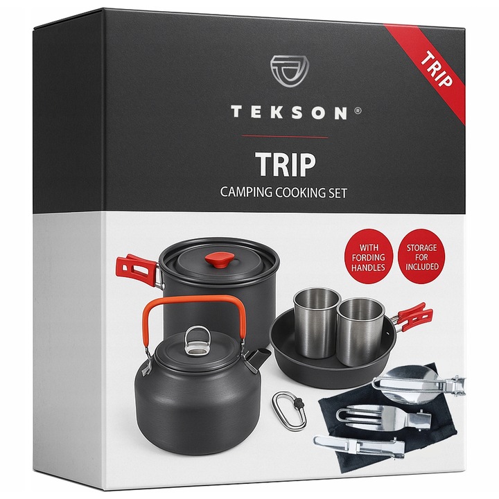 Комплект съдове за къмпинг TEKSON, 9 части, алуминиев, преносим