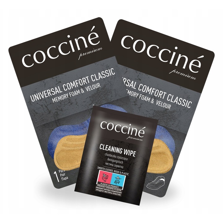 Cleme pentru calcai, Coccine, Universal Comfort Classic, 2 perechi, 3 in 1, sporesc confortul, previn miscarea piciorului, include laveta de curatare 1 bucata, culoare: multicolor, material: velur, spuma cu memorie, utilizare universala, design elegant