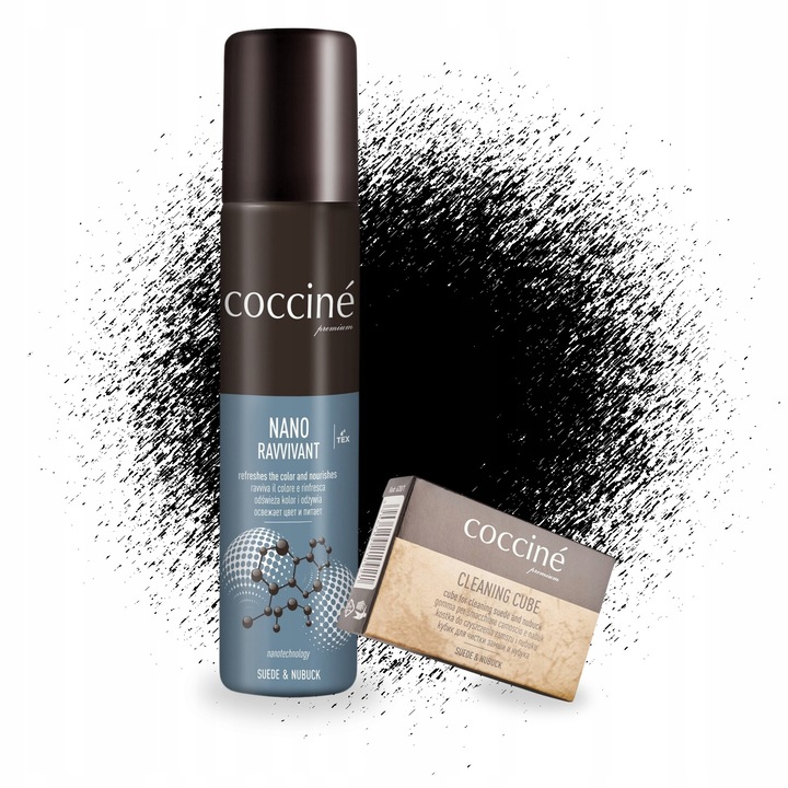 Set 2 in 1, Coccine, Nano Ravvivant, 75 ml, Spray pentru restaurarea culorii, Radiera de curatare, Negru, Setul include: spray si radiera de 75 ml, Material: lichid, cauciuc, Proprietati: restabileste culoarea, hraneste pielea, sigur pentru membranele res