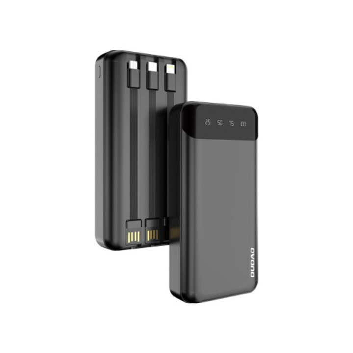 Dudao külső akkumulátor, 20000 mAh, Power Bank, USB Type-C, micro USB, Lightning kábel, fekete