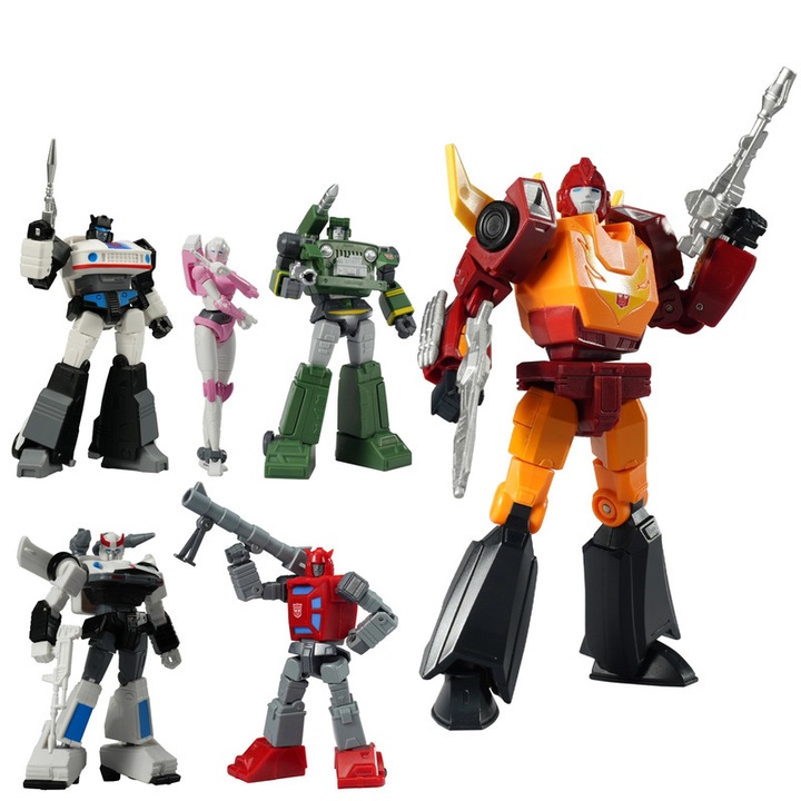 Set 6 Figurine Transformers Seria G1 - Rodimus Prime, Prowl, Jazz, Hound, Cliffjumper, Arcee, Yolopark, Preasamblat/Non-Transformabil, 11.98cm, Multicolor
