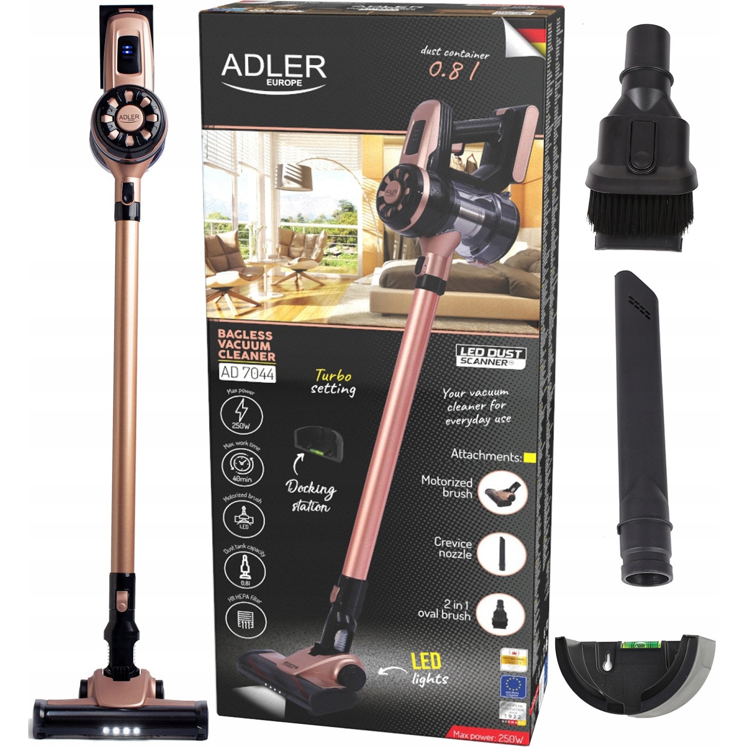 Aspirator vertical fără sac ADLER AD 7044, putere 250 W, funcție Turbo, LED, 0,8L