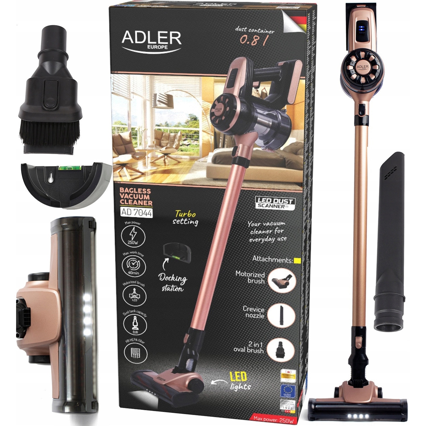 Aspirator vertical fără sac ADLER AD 7044, putere 250 W, funcție Turbo, LED, 0,8L