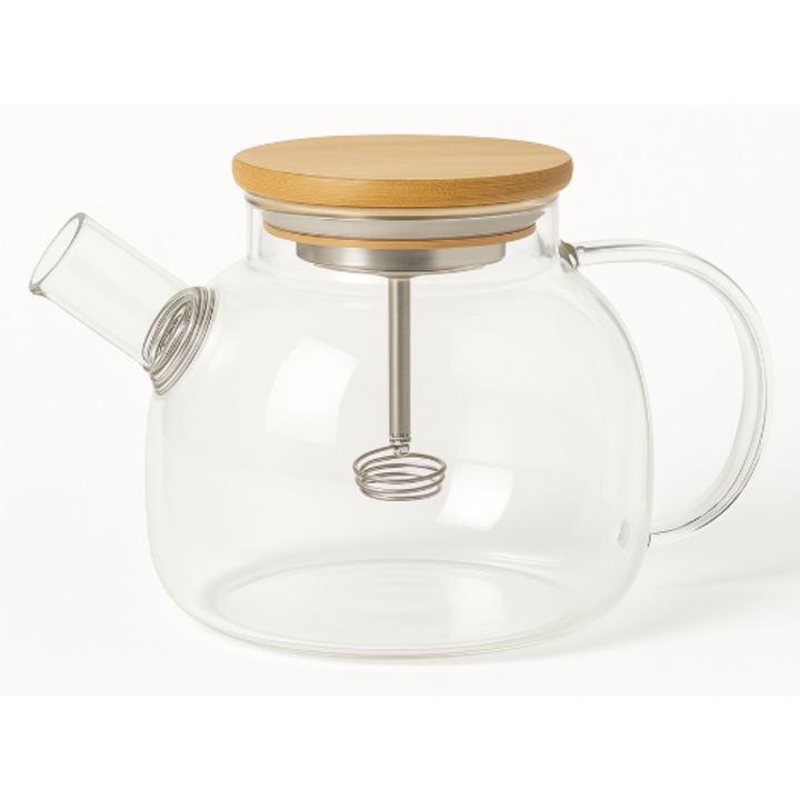 Чайник от стъкло, 1 Л, с капак от бамбук и метален инфузер