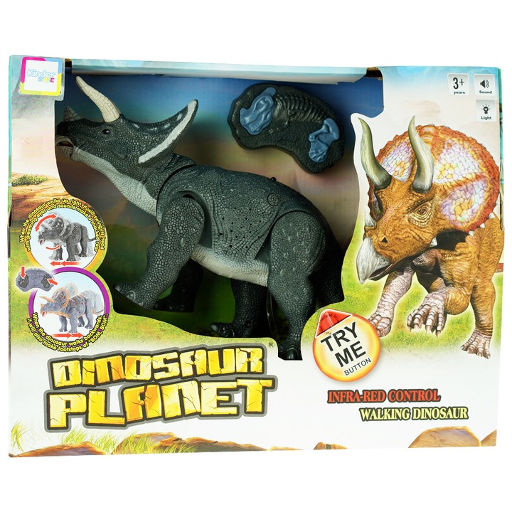 Dinozaur interactiv Triceratops, KinderSafe, control, gri, 6 baterii AA