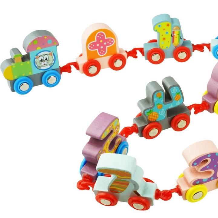 Trenulet de jucarie KinderSafe, cu 13 vagoane, din lemn, multicolor, educativ