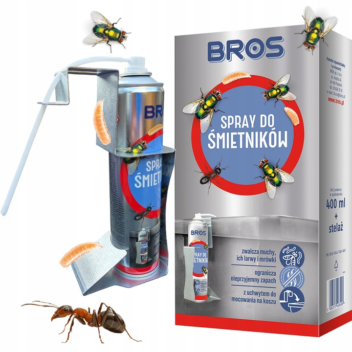 Spray pentru cosuri de gunoi BROS 400ml, set cu suport, actiune insecticida si neutralizare a mirosurilor, parfum citric