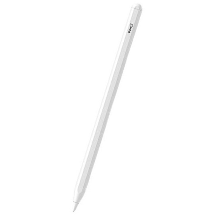 Stylus toll, ceruza iPad Apple 2018-2025 tablettához, professzionális, kapacitív, karcmentes hegyek, dőlésérzékelés, késésmentes, gyorstöltés, mágneses, alumínium, USB-C, fehér