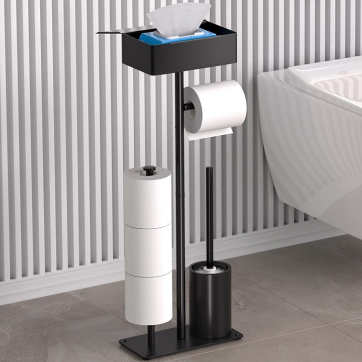 BEDEE® Стойка за тоалетна хартия, свободностояща – Метална стойка против ръжда за 3 ролки тоалетна хартия, с неплъзгаща се основа и рафт за телефон и малки предмети, органайзер и съхранение за баня, 4 самозалепващи се кукички включени, черна