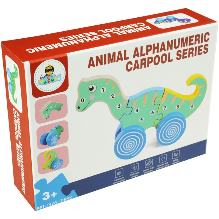 Puzzle 3D KinderSafe dinozaur, 3 elemente, colorat, cu sfoara de tras