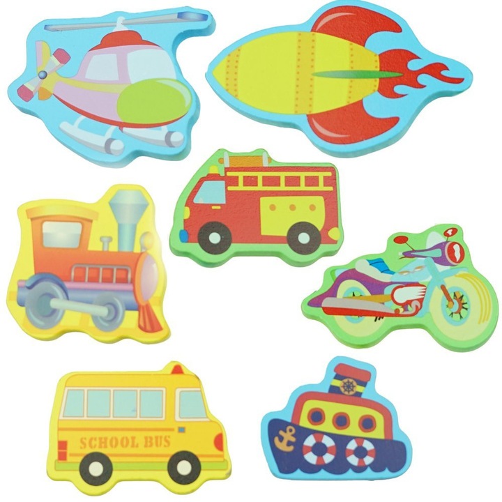 Образователен дървен пъзел KinderSafe, комплект 7 превозни средства, многоцветен, 30x20см